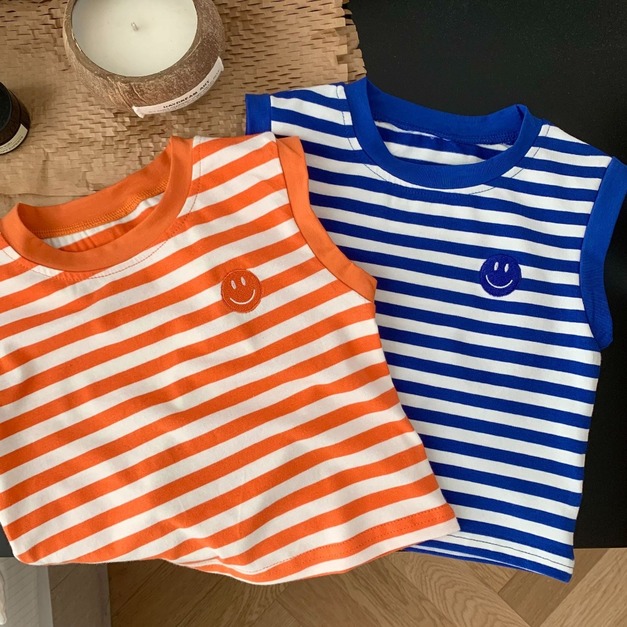 【BA251】韓版刺繡笑臉條紋無袖上衣(2色)