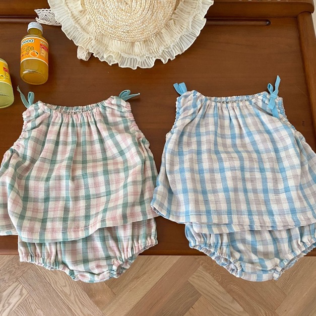 【BA268】韓版蝴蝶結格紋兩件式吊帶無袖短褲套裝(2色)