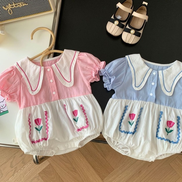 【BA299】韓版刺繡鬱金香短袖包屁衣(2色)