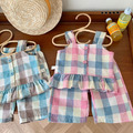【春夏新品｜BA287】韓版馬卡龍色格紋兩件式吊帶無袖短褲套裝(2色)