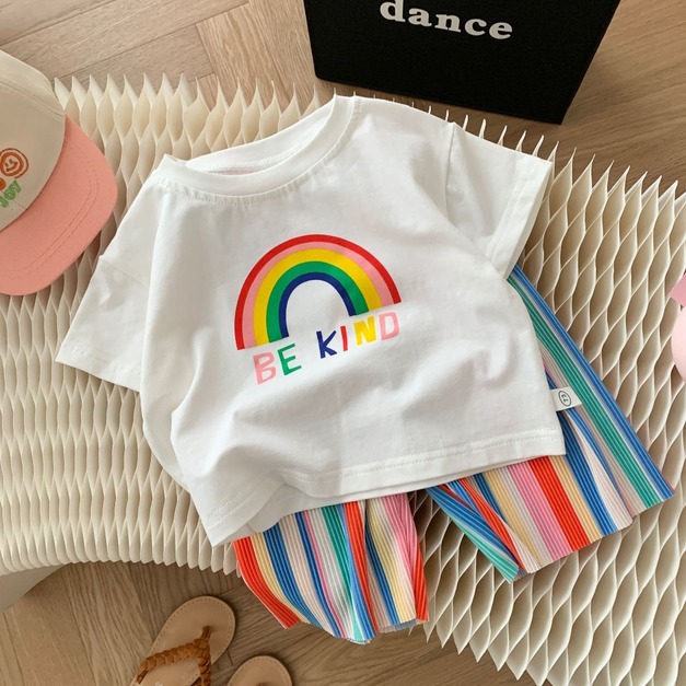 【BA326】韓版繽紛彩虹兩件式短袖短褲套裝(1色)