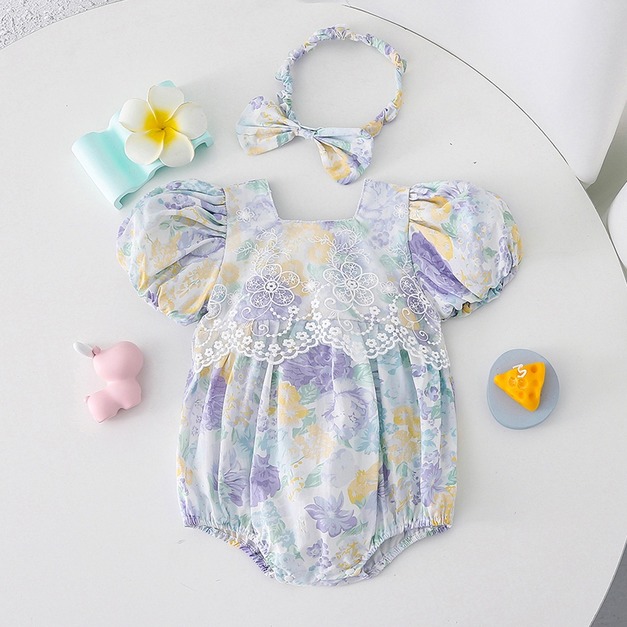 【BSA064】韓版水彩花浮雕蕾絲領短袖包屁衣(送髮帶)(1色)