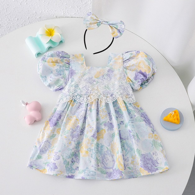 【BSG064】韓版水彩花浮雕蕾絲領短袖洋裝(送髮箍)(1色)