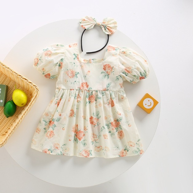 【BSG057】韓版浪漫玫瑰花短袖小洋裝(送髮箍)(1色)