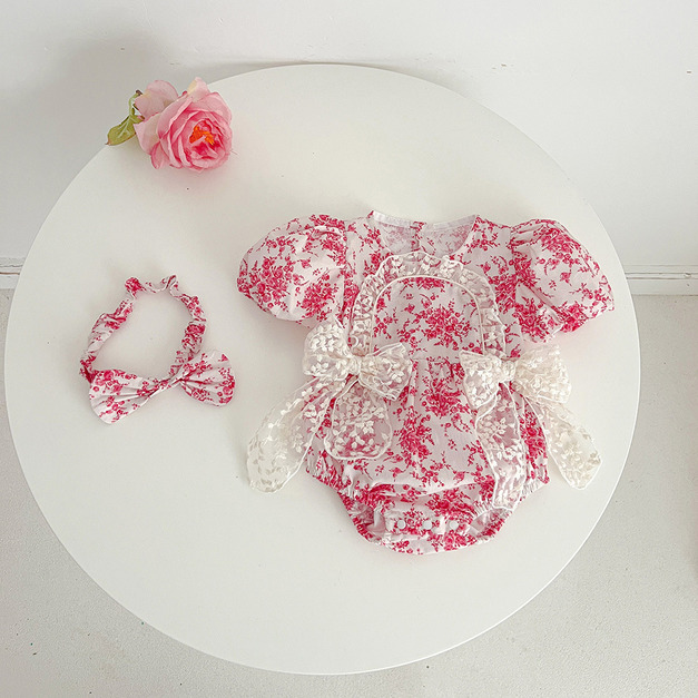 【BSA062】韓版蕾絲雙蝴蝶結碎花短袖包屁衣(送髮帶)(1色)