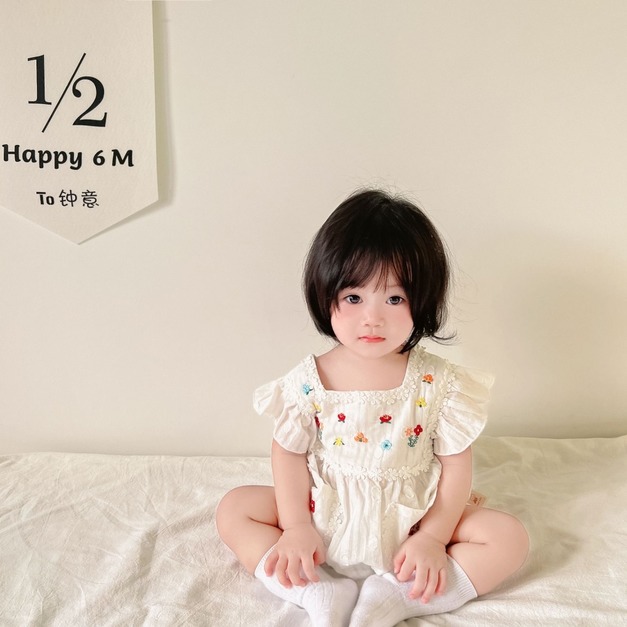 【BA370】韓版雙口袋刺繡彩色花無袖包屁衣(1色)