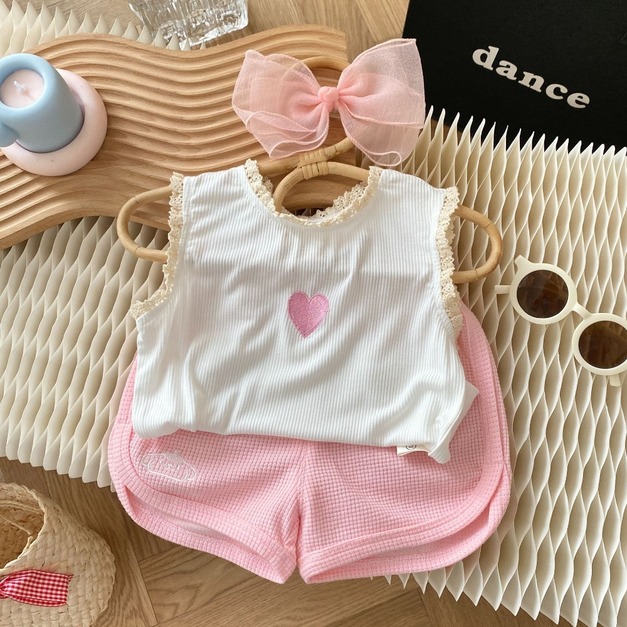 【BA344】韓版刺繡愛心兩件式無袖短褲套裝(1色)