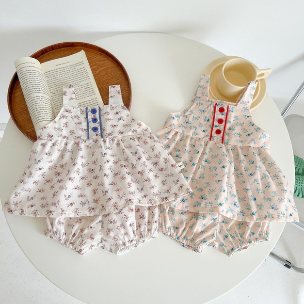 (缺貨)【BA436】韓版鈕扣小碎花兩件式無袖短褲套裝(2色)