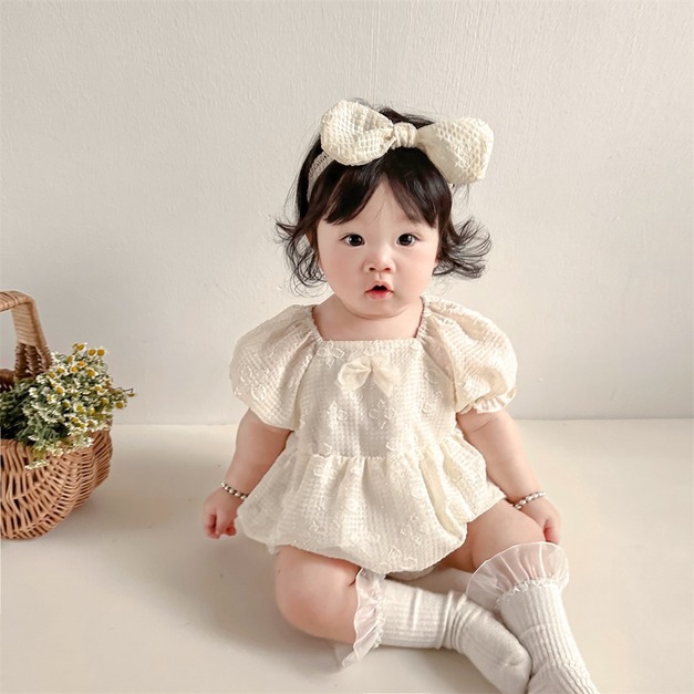 【BA404】韓版立體蝴蝶結花短袖包屁衣(送髮帶)(1色)