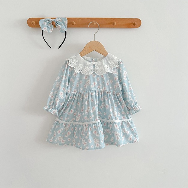 【BSG080】韓版蕾絲領小花長袖洋裝(送髮箍)(1色)