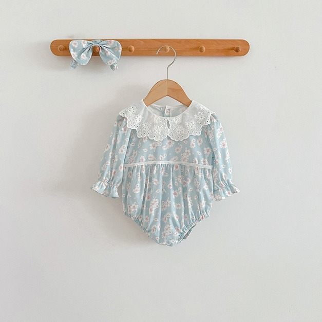 【BSA080】韓版蕾絲領小花長袖包屁衣(送髮帶)(1色)