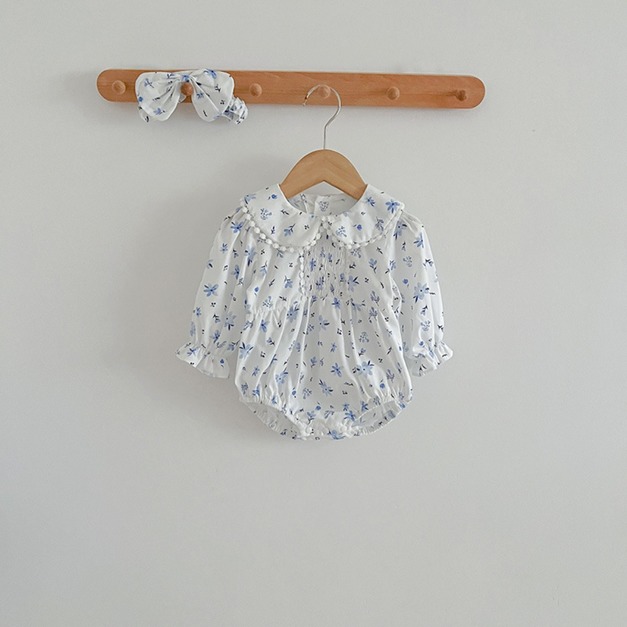 【BSA086】韓版圓領小碎花長袖包屁衣(送髮帶)(1色)