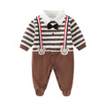 【BB261】日系橫條紋咖啡小熊吊帶假兩件長袖包腳連身衣(1色)