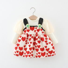 【BG497】日系滿版愛心假兩件長袖澎澎洋裝(3色)