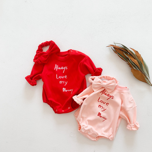 【BA528】韓版刺繡字母長袖包屁衣(送髮帶)(2色)