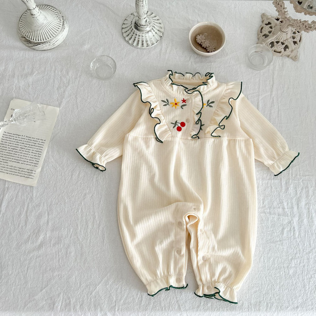 【BA541】韓版刺繡櫻桃小花長袖連身衣(1色)