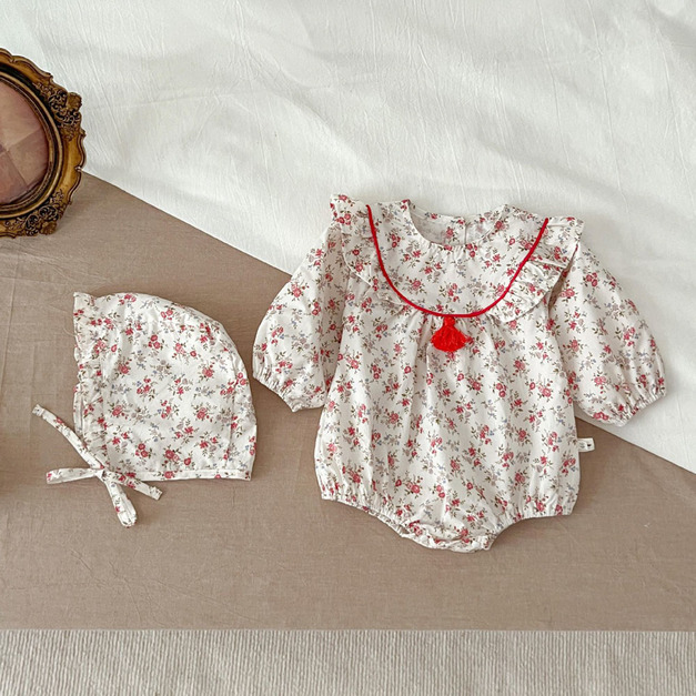 【BA508】韓版圓領小碎花長袖包屁衣(送帽子)(1色)