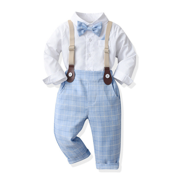 【BB309】韓版格紋褲小領結兩件式吊帶長袖長褲套裝(2色)
