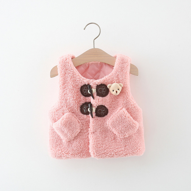 【BG542】日系立體熊牛角釦毛絨保暖無袖背心(2色)