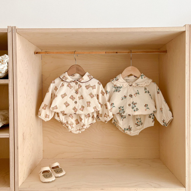 【BA551】韓版小熊碎花兩件式長袖短褲套裝(2色)