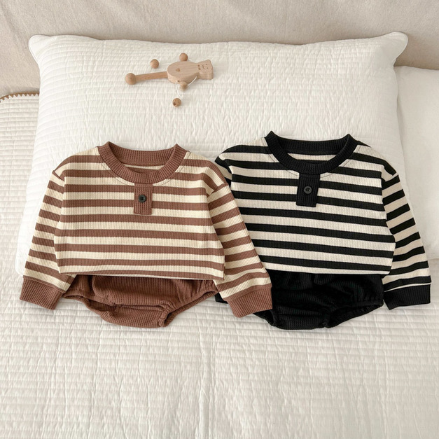 【BA546】韓版條紋鈕扣兩件式長袖短褲套裝(2色)