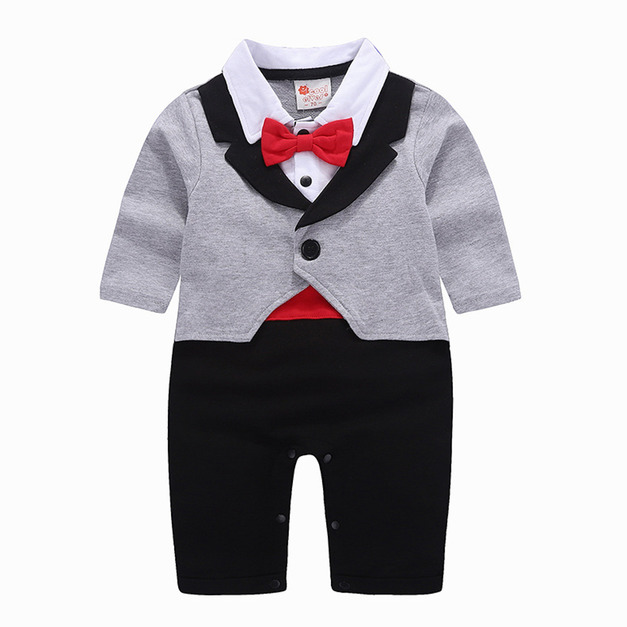 【BB341】英倫風紅領結西裝燕尾服假兩件長袖連身衣(1色)