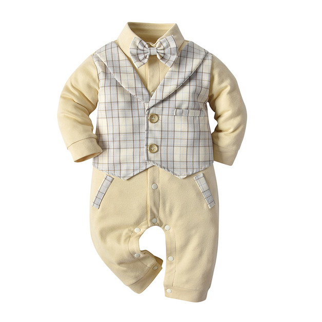 【BB342】英倫風小領結格紋馬甲背心假兩件長袖連身衣(2色)