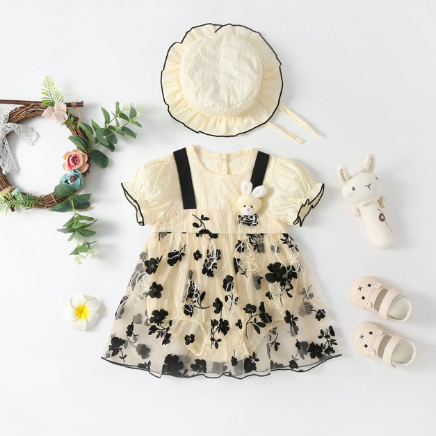 【BA597】日系立體兔小黑花朵網紗短袖包屁裙(送遮陽帽)(1色)