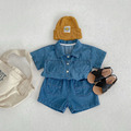 (缺貨)【BA627】日系牛仔雙口袋兩件式短袖短褲套裝(1色)