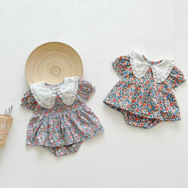 【BA587】日系尖領碎花短袖包屁裙(2色)