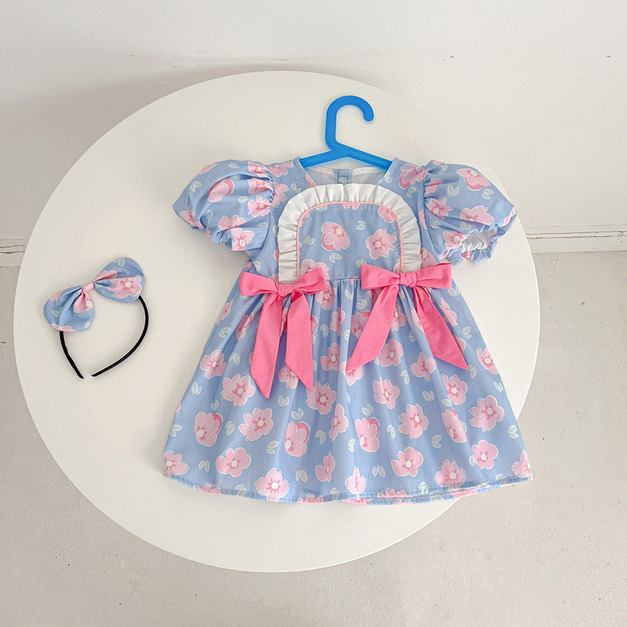 【BSG098】韓版雙蝴蝶結小花短袖小洋裝(送髮箍)(1色)