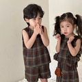 【BS119】韓版復古格紋兄妹無袖套裝(1色)_4