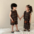 【BS119】韓版復古格紋兄妹無袖套裝(1色)