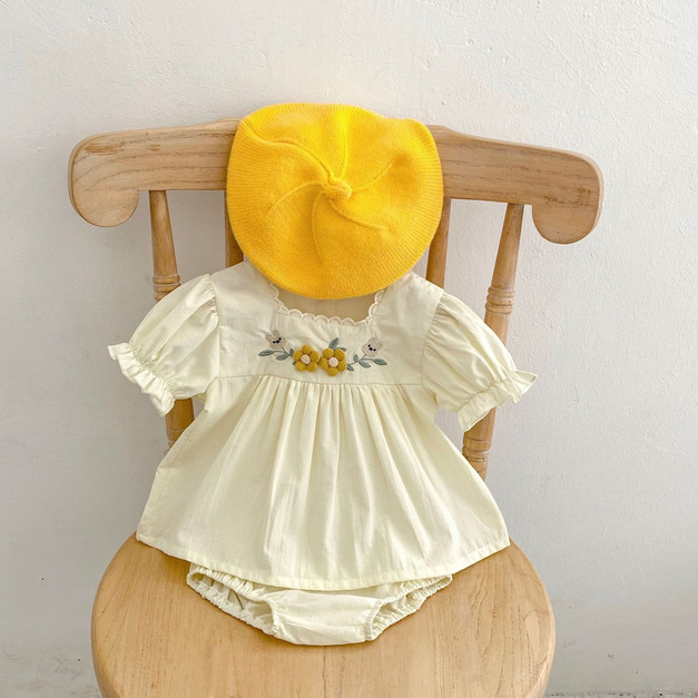 【BA619】日系立體花刺繡兔兩件式短袖短褲套裝(1色)