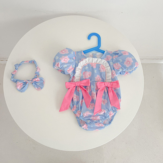 【BSA098】韓版雙蝴蝶結小花短袖包屁衣(送髮帶)(1色)