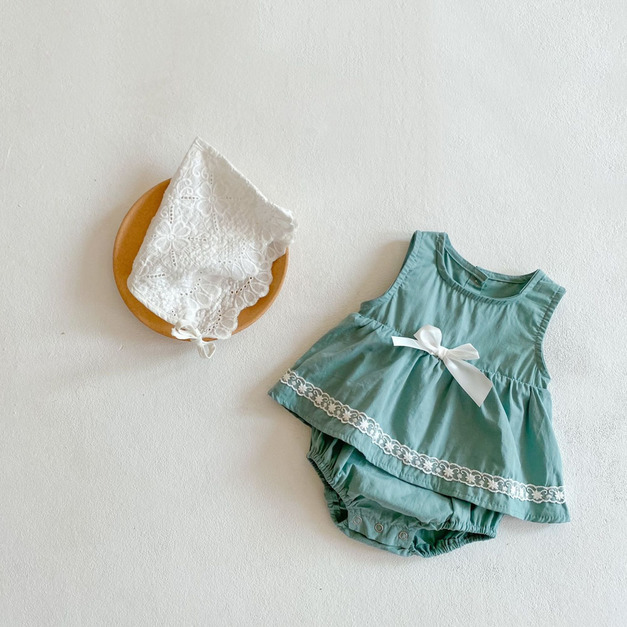 【BA601】日系蝴蝶結刺繡花邊無袖包屁衣(1色)