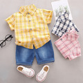 【BB356】韓版格子襯衫牛仔兩件式短袖短褲套裝(2色)_1