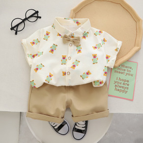 【BB367】韓版小領結小熊襯衫兩件式短袖短褲套裝(2色)