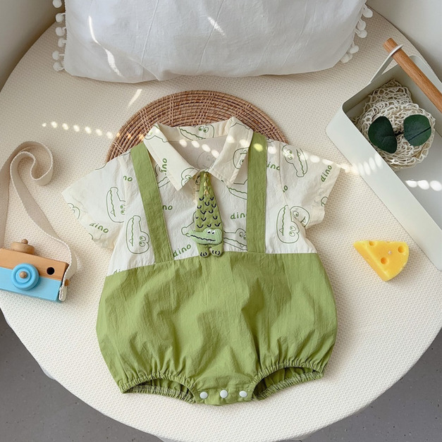 【BA679】日系立體鱷魚領帶假兩件吊帶短袖包屁衣(1色)