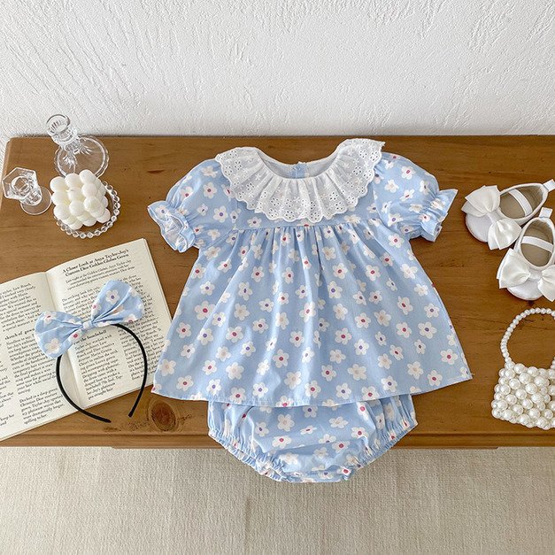 【BSG150】韓版小花蕾絲圓領短袖套裝(送髮箍)(1色)