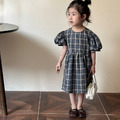 【BS135】韓版復古格紋兄妹短袖洋裝套裝(1色)_2