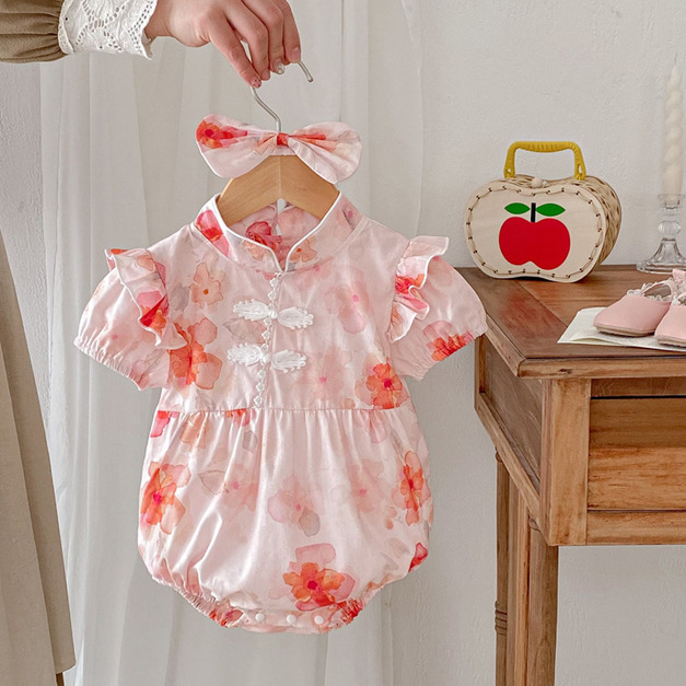 【BSA151】中國風水彩花短袖包屁衣(送髮帶)(1色)