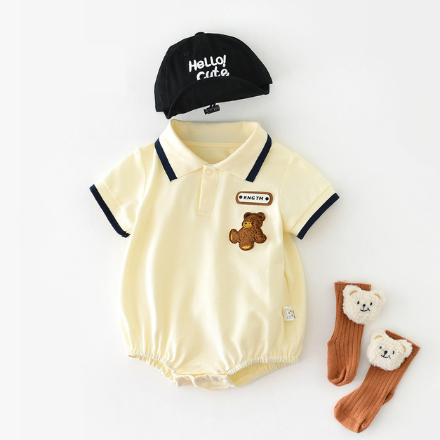 【BA669】日系POLO衫刺繡小熊短袖包屁衣(1色)