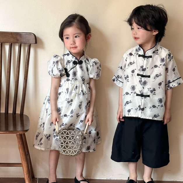 【BS140】中國風黑玫瑰兄妹短袖洋裝套裝(1色)