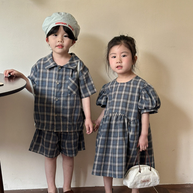 【BS135】韓版復古格紋兄妹短袖洋裝套裝(1色)
