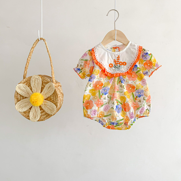【BSA175】韓版繽紛水彩花短袖包屁衣(1色)
