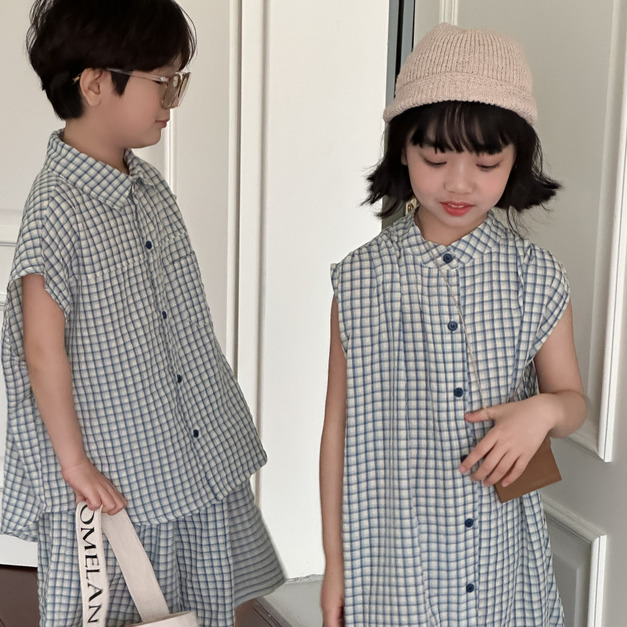 (缺貨)【BS201】韓版小方格兄妹短袖套裝(1色)