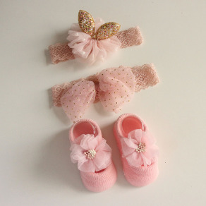 【BP044】歐美風閃耀造型寶寶髮帶襪子套組(金點蝴蝶結髮帶)