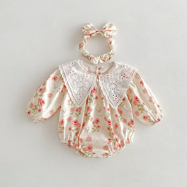 【BSA223】韓版蕾絲大尖領兔子小花長袖包屁衣(送髮帶)(1色)