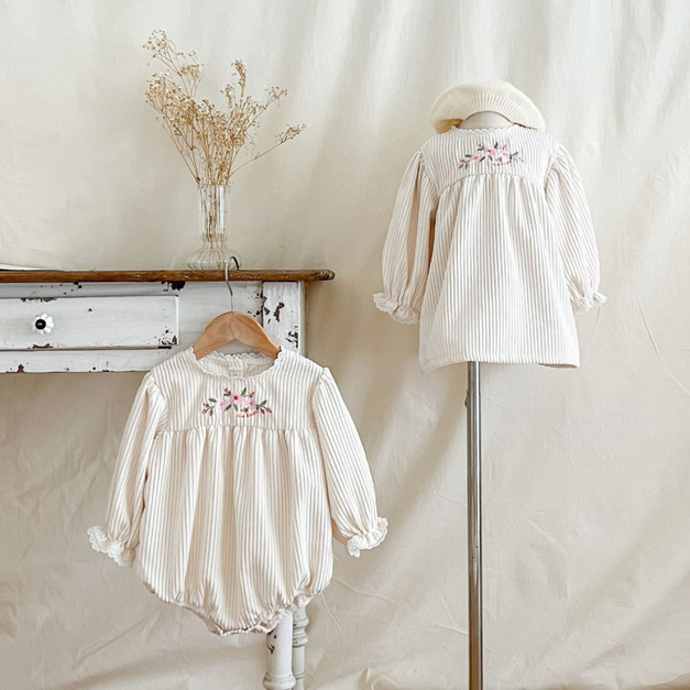 【BS208】韓版刺繡花燈心絨長袖包屁衣小洋裝(1色)